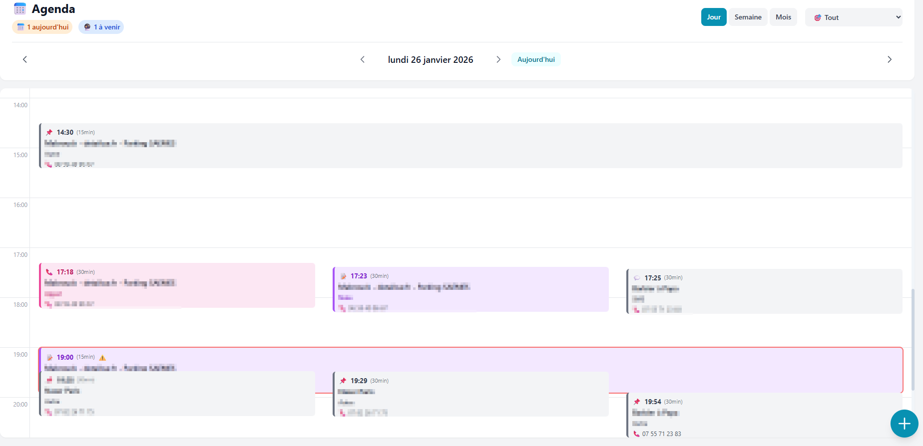 Vue journalière de l'agenda Prospect Hub - timeline heure par heure avec événements