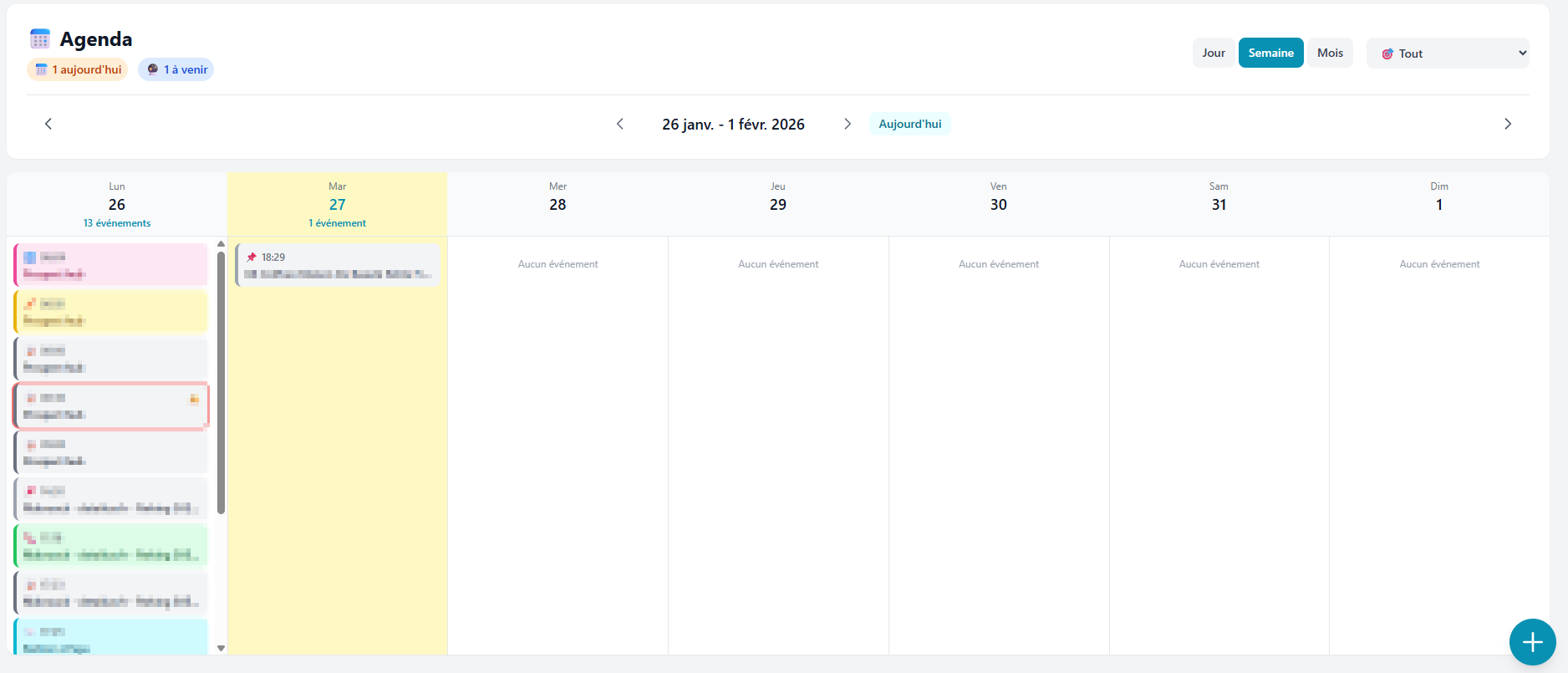 Vue hebdomadaire de l'agenda Prospect Hub - planning de la semaine avec cartes d'événements