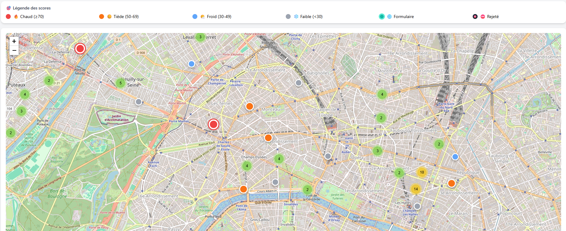 Géolocalisation prospects - Vue locale au niveau de la rue avec détail de chaque lead
