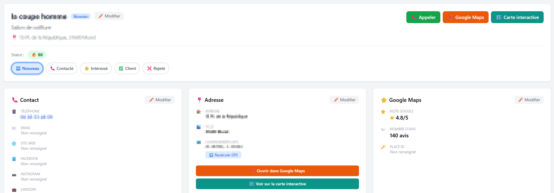 Fiche prospect détaillée dans Prospect Hub - coordonnées, note Google, statut et actions rapides