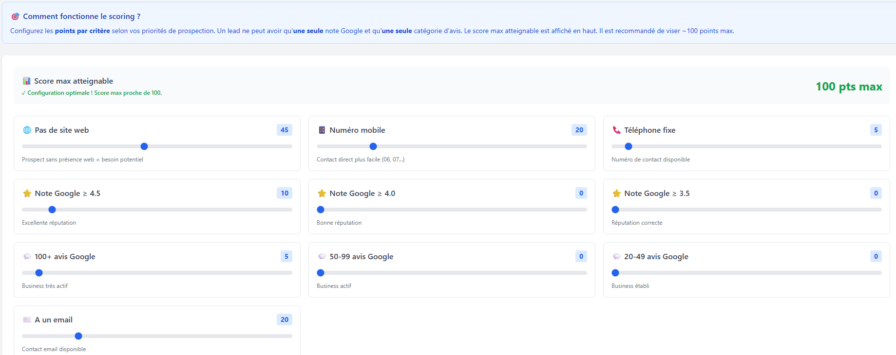 Interface de configuration du scoring avec 10 critères et sliders de pondération dans Prospect Hub